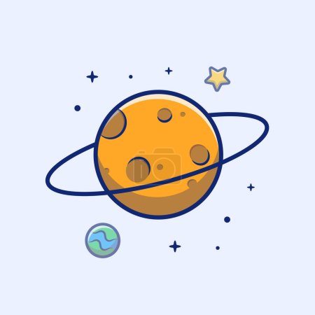 Illustration for Planet Saturn With Star In Space Cartoon Vector Icon Illustration. Nature Science Icon Concept Isolated Premium Vector. Flat Cartoon Style - Royalty Free Image
