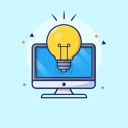 Illustration for Computer With Lamp Cartoon Vector Icon Illustration. Education Technology Icon Concept Isolated Premium Vector. Flat Cartoon Style - Royalty Free Image