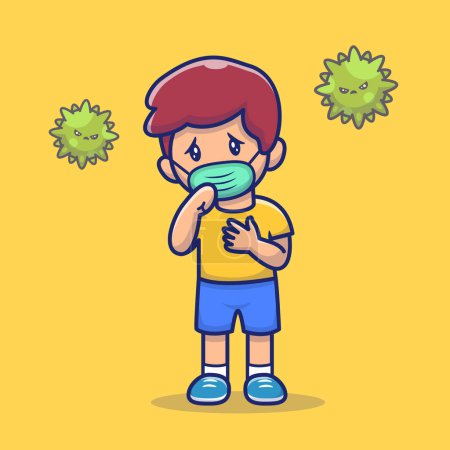 Ilustración de Cute Boy With Fever And Flu Cartoon Vector Icon Illustration. People Medical Icon Concept Isolated Premium Vector. Flat Cartoon Style - Imagen libre de derechos