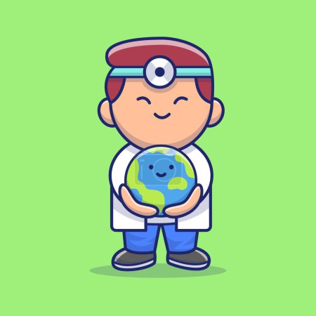 Ilustración de Cute Doctor Save Cute World Cartoon Vector Icono Ilustración. People Medical Icon Concept Vector Premium aislado. Estilo plano de dibujos animados - Imagen libre de derechos