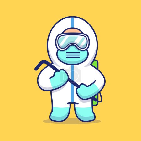 Illustration for Cute Disinfectant Man Cartoon Vector Icon Illustration. People Medical Icon Concept Isolated Premium Vector. Flat Cartoon Style - Royalty Free Image