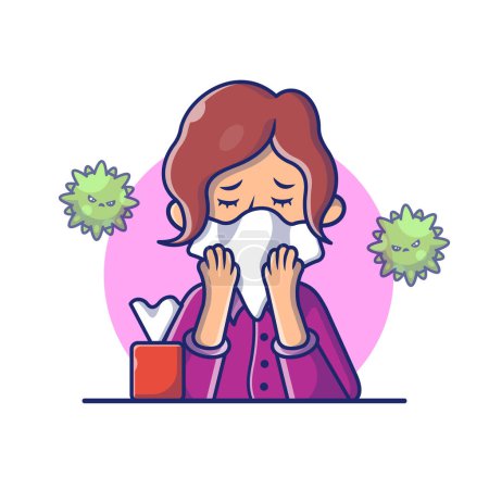 Téléchargez les illustrations : Girl with Fever And Flu Cartoon Vector Icon Illustration. People Medical Icon Concept Isolated Premium Vector. Flat Cartoon Style - en licence libre de droit