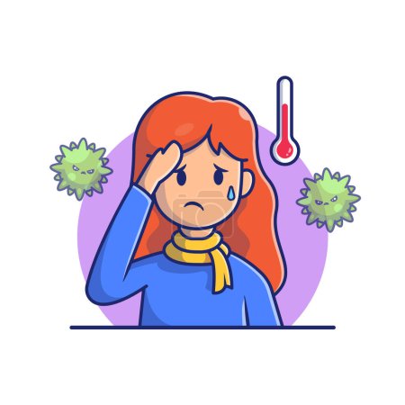Ilustración de Girl with Fever And Flu Cartoon Vector Icon Illustration. People Medical Icon Concept Isolated Premium Vector. Flat Cartoon Style - Imagen libre de derechos