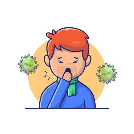 Ilustración de Boy with Fever And Flu Cartoon Vector Icon Illustration. People Medical Icon Concept Isolated Premium Vector. Flat Cartoon Style - Imagen libre de derechos