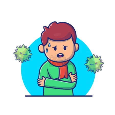 Ilustración de Boy With Fever And Flu Cartoon Vector Icon Illustration. People Medical Icon Concept Isolated Premium Vector. Flat Cartoon Style - Imagen libre de derechos