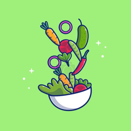 Téléchargez les illustrations : Illustration d'icône vectorielle de dessin animé de salade de légumes. Health Food Icon Concept Isolated Premium Vector. Style de dessin animé plat - en licence libre de droit