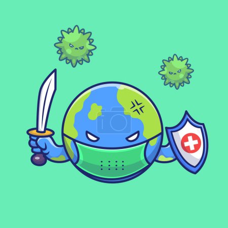 Ilustración de Cute World Fighting Corona Virus Cartoon Vector Icono Ilustración. World Pandemic Icon Concept Vector Premium aislado. Estilo plano de dibujos animados - Imagen libre de derechos