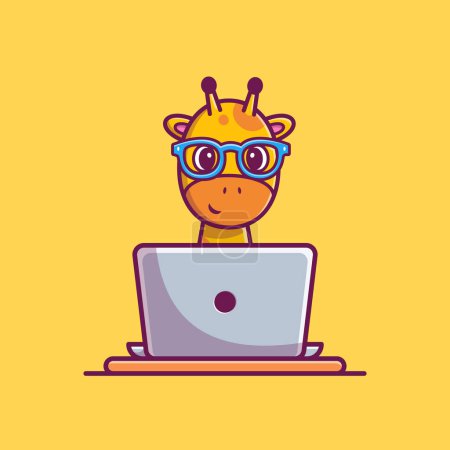 Illustration for Cute Giraffe Operating Laptop Cartoon Vector Icon Illustration. Animal Technology Icon Concept Isolated Premium Vector. Flat Cartoon Style - Royalty Free Image