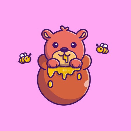 Téléchargez les illustrations : Mignon miel ours manger miel dessin animé vectoriel icône illustration. Icône alimentaire pour animaux Concept Isolated Premium Vector. Style de dessin animé plat - en licence libre de droit