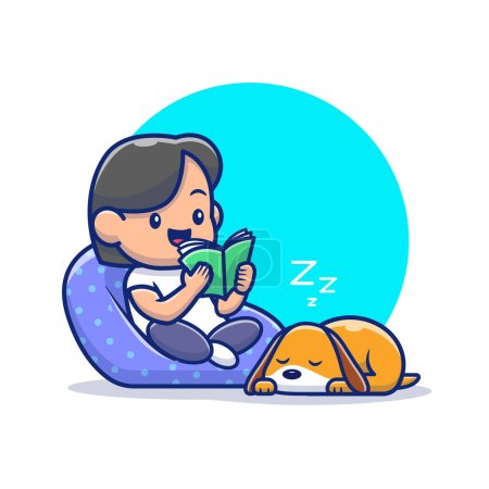 Illustration for Cute Boy Reading Book And Dog Sleeping Cartoon Vector IconIllustration. People Education Icon Concept Isolated PremiumVector. Flat Cartoon Style - Royalty Free Image