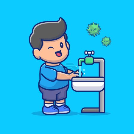 Illustration for Cute Boy Washing Hand Cartoon Vector Icon Illustration.People Medical Icon Concept Isolated Premium Vector. FlatCartoon Style - Royalty Free Image