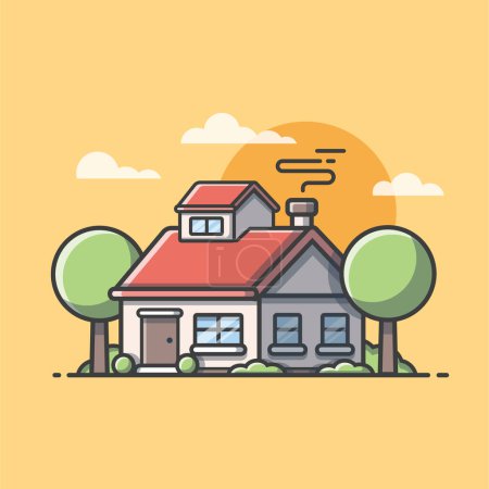 Illustration for Beautiful House with Clouds and Sunset Cartoon Vector IconIllustration. Building Landmark Icon Concept Isolated PremiumVector. Flat Cartoon Style - Royalty Free Image