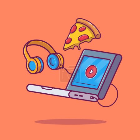 Illustration for Laptop, Pizza And Headphones Cartoon Vector IconIllustration. Technology Food Icon Concept Isolated PremiumVector. Flat Cartoon Style - Royalty Free Image