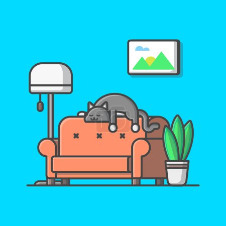 Illustration for Cute Cat Sleeping On Sofa Cartoon Vector Icon Illustration. Animal Nature Icon Concept Isolated Premium Vector. Flat Cartoon Style - Royalty Free Image