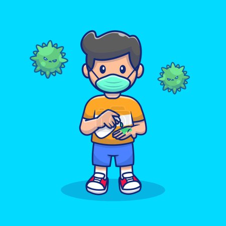 Illustration for Cute Boy Wearing Mask And Using Hand Sanitizer CartoonVector Icon Illustration. People Medical Icon Concept IsolatedPremium Vector. Flat Cartoon Style - Royalty Free Image