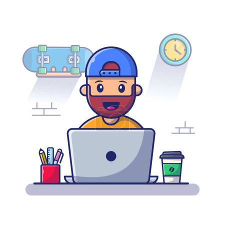 Illustration for Male Working On Laptop Cartoon Vector Icon Illustration.Business Technology Icon Concept Isolated Premium Vector.Flat Cartoon Style - Royalty Free Image