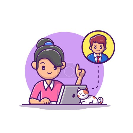 Illustration for Women Video Call On Laptop And Cat Cartoon Vector IconIllustration. People Technology Icon Concept IsolatedPremium Vector. Flat Cartoon Style - Royalty Free Image