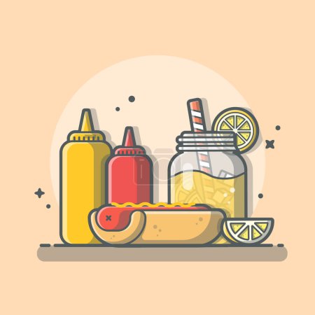 Téléchargez les illustrations : Hotdog à la limonade et Ketchup Cartoon Vector IconIllustration. Icône de nourriture et de boisson Concept isolé PremiumVector. Style de dessin animé plat - en licence libre de droit