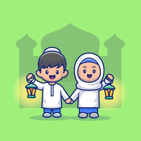Illustration for Moslem Girl And Boy Holding Lantern Cartoon Vector IconIllustration. People Religion Icon Concept Isolated PremiumVector. Flat Cartoon Style - Royalty Free Image