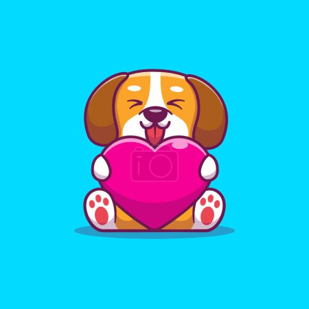 Téléchargez les illustrations : Cute Dog Holding Heart Cartoon Vector Icon Illustration.Animal Wildlife Icon Concept Isolated Premium Vector. Style de dessin animé plat - en licence libre de droit