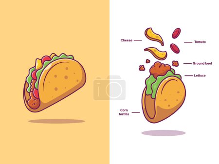 Ilustración de Taco Ingredientes Dibujos animados Vector Icono Ilustración. Fast FoodIcon Concept Vector Premium aislado. Estilo plano de dibujos animados - Imagen libre de derechos