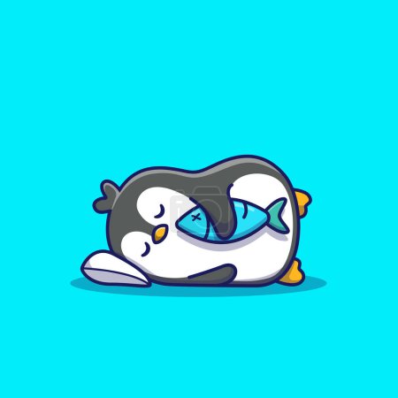 Téléchargez les illustrations : Mignon pingouin dormir sur oreiller avec poisson dessin animé VectorIcon Illustration. Animal Love Icon Concept Isolated PremiumVector. Style de dessin animé plat - en licence libre de droit