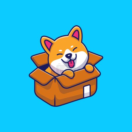 Illustration for Cute Shiba Inu Dog Playing In The Box Cartoon Vector IconIllustration. Animal Nature Icon Concept Isolated PremiumVector. Flat Cartoon Style - Royalty Free Image
