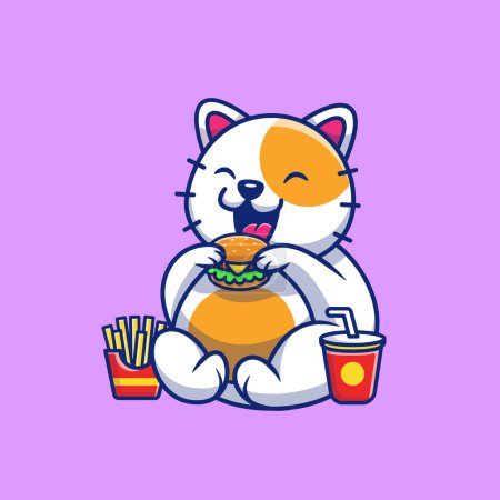 Ilustración de Cute Fat Cat Eating Burger Cartoon Vector Icon Illustration.Animal Food Icon Concept Vector premium aislado. Estilo FlatCartoon - Imagen libre de derechos