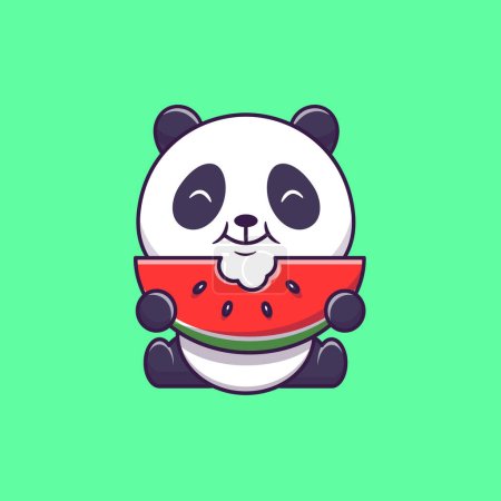 Illustration for Cute Panda Eating Watermelon Cartoon Vector IconIllustration. Animal Food Icon Concept Isolated PremiumVector. Flat Cartoon Style - Royalty Free Image
