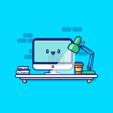 Illustration for Cute Computer in Workspace Cartoon Vector Icon Illustration.People Technology Icon Concept Isolated Premium Vector.Flat Cartoon Style - Royalty Free Image