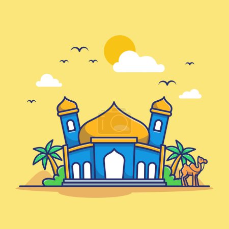 Illustration for Mosque With Camel Cartoon Vector Icon Illustration. BuildingReligion Icon Concept Isolated Premium Vector. Flat CartoonStyle - Royalty Free Image