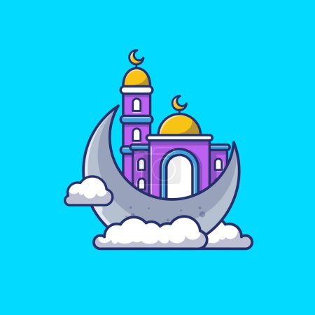 Illustration for Mosque With Moon Cartoon Vector Icon Illustration. BuildingReligion Icon Concept Isolated Premium Vector. Flat CartoonStyle - Royalty Free Image