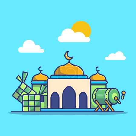 Illustration for Mosque, ketupat And Bedug Drumb Cartoon Vector IconIllustration. Building Religion Icon Concept Isolated PremiumVector. Flat Cartoon Style - Royalty Free Image