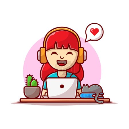 Illustration for Happy Girl Listening Music with Headphone, Laptop, Cat on The Book and Plant Cartoon Vector Icon Illustration. People Technology Icon Concept Isolated Premium Vector. Flat Cartoon Style - Royalty Free Image