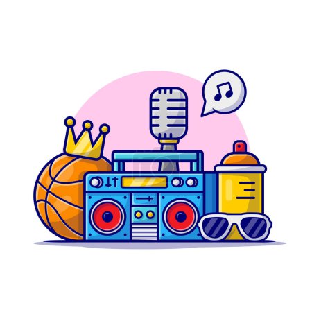 Illustration for Hip Hop Music with Basketball, Boombox, Glasses, Crown and Microphone Cartoon Vector Icon Illustration. Art Sport Icon Concept Isolated Premium Vector. Flat Cartoon Style - Royalty Free Image