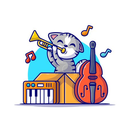 Illustration for Cute Cat Playing Jazz Music in Box with Saxophone, Piano and Contrabass Cartoon Vector Icon Illustration. Animal Music Icon Concept Isolated Premium Vector. Flat Cartoon Style - Royalty Free Image