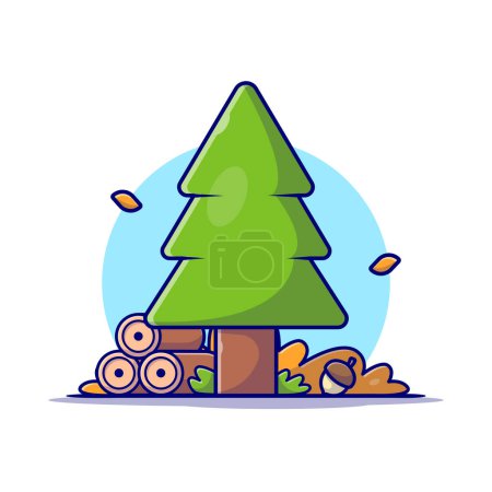 Téléchargez les illustrations : Pinus Tree with Woods and Acorn Autumn Season Illustration d'icônes vectorielles de dessins animés. Icône d'objet de nature Concept Isolated Premium Vector. Style de dessin animé plat - en licence libre de droit