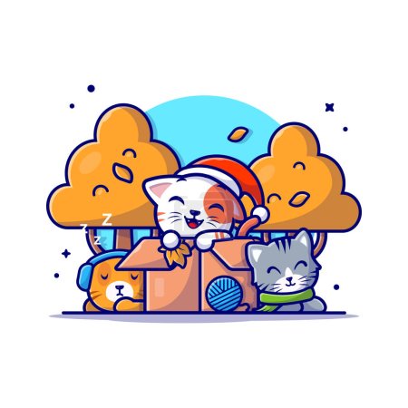 Téléchargez les illustrations : Happy Cute Cats in Box Illustration vectorielle de bande dessinée d'automne. Animal Nature Icon Concept Isolated Premium Vector. Style de dessin animé plat - en licence libre de droit