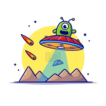 Illustration for Cute Alien Flying on Planet with UFO and Meteorite Space Cartoon Vector Icon Illustration. Science Technology Icon Concept Isolated Premium Vector. Flat Cartoon Style - Royalty Free Image