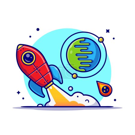 Ilustración de Rocket Taking Off with Planet and Meteorite Cartoon Vector Icon Illustration (en inglés). Ciencia Tecnología Icono Concepto Aislado Vector Premium. Estilo plano de dibujos animados - Imagen libre de derechos