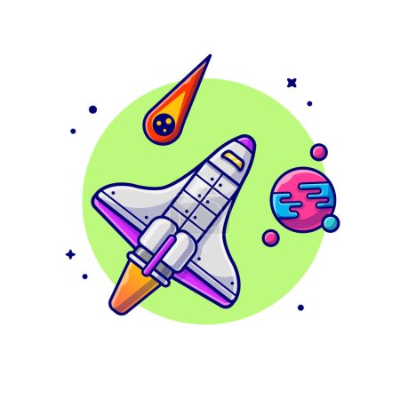 Illustration for Space Shuttle Flying with Planet and Meteorite Space Cartoon Vector Icon Illustration. Science Technology Icon Concept Isolated Premium Vector. Flat Cartoon Style - Royalty Free Image