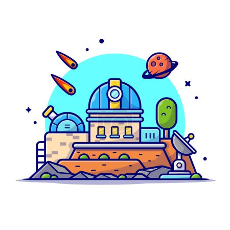 Illustration for Astronomical Observatory Telescope with Planet and Meteorite Space Cartoon Vector Icon Illustration. Science Technology Icon Concept Isolated Premium Vector. Flat Cartoon Style - Royalty Free Image