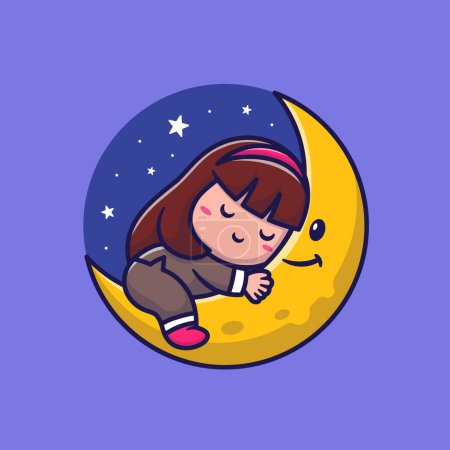 Illustration for Cute Girl Sleeping On Moon Cartoon Vector Icon Illustration. Nature People Icon Concept Isolated Premium Vector. Flat Cartoon Style - Royalty Free Image
