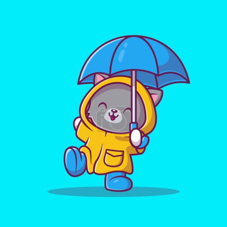 Illustration for Cute Cat With Raincoat and Umbrella Cartoon Vector Icon Illustration. Animal Icon Concept Isolated Premium Vector. Flat Cartoon Style - Royalty Free Image