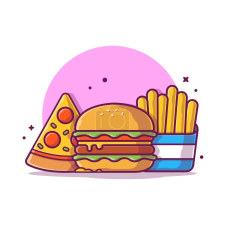 Téléchargez les illustrations : Burger avec tranche de pizza et frites Illustration d'icône vectorielle de bande dessinée. Icône d'objet alimentaire Concept Isolated Premium Vector. Style de dessin animé plat - en licence libre de droit