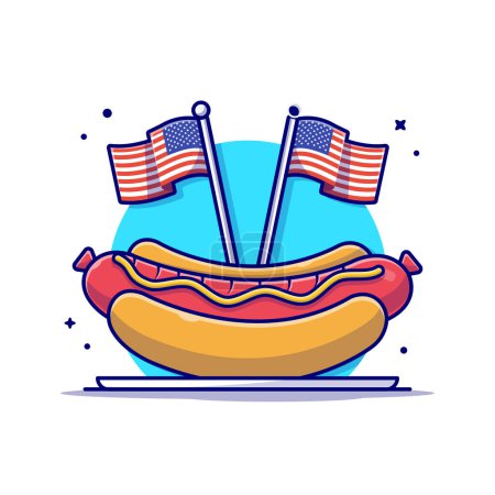 Téléchargez les illustrations : Hotdog savoureux sur l'assiette avec le drapeau de la fête de l'indépendance des États-Unis Illustration vectorielle d'icône de bande dessinée. Icône d'objet alimentaire Concept Isolated Premium Vector. Style de dessin animé plat - en licence libre de droit