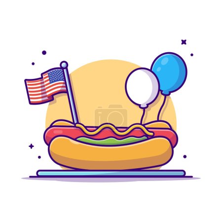 Téléchargez les illustrations : Hotdog savoureux sur l'assiette avec le drapeau du jour de l'indépendance des États-Unis et l'illustration vectorielle d'icône de dessin animé de ballon. Icône d'objet alimentaire Concept Isolated Premium Vector. Style de dessin animé plat - en licence libre de droit