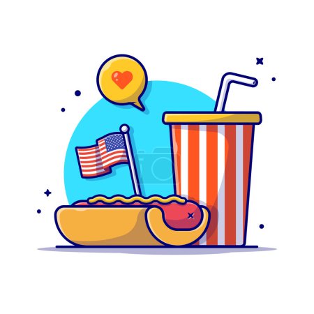 Téléchargez les illustrations : Hotdog savoureux avec drapeau de jour de l'indépendance des États-Unis, Soda et illustration vectorielle d'icône de dessin animé de bulle de parole. Icône d'objet alimentaire Concept Isolated Premium Vector. Style de dessin animé plat - en licence libre de droit