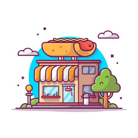 Téléchargez les illustrations : Hot dog Shop Illustration d'icône vectorielle de dessin animé. Building Food Icon Concept Isolated Premium Vector. Style de dessin animé plat - en licence libre de droit