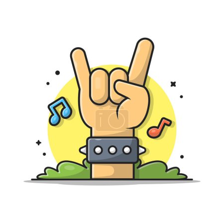 Rock de Metal de Mano con Notas Musicales y Música de Sintonía Icono de Dibujos Animados Ilustración. Gente Art Icon Concept Vector Premium aislado. Estilo plano de dibujos animados